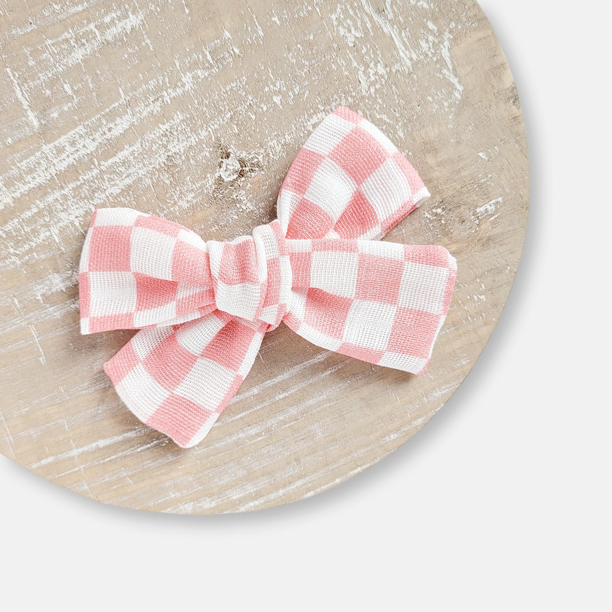 'Muslin Print Bow' Headband or Clip // Pink Checkerboard