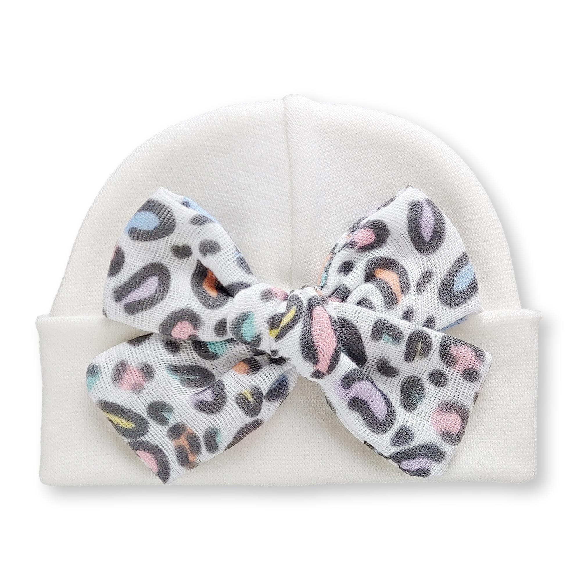 'Muslin Bow' Baby Hat // Rainbow Leopard