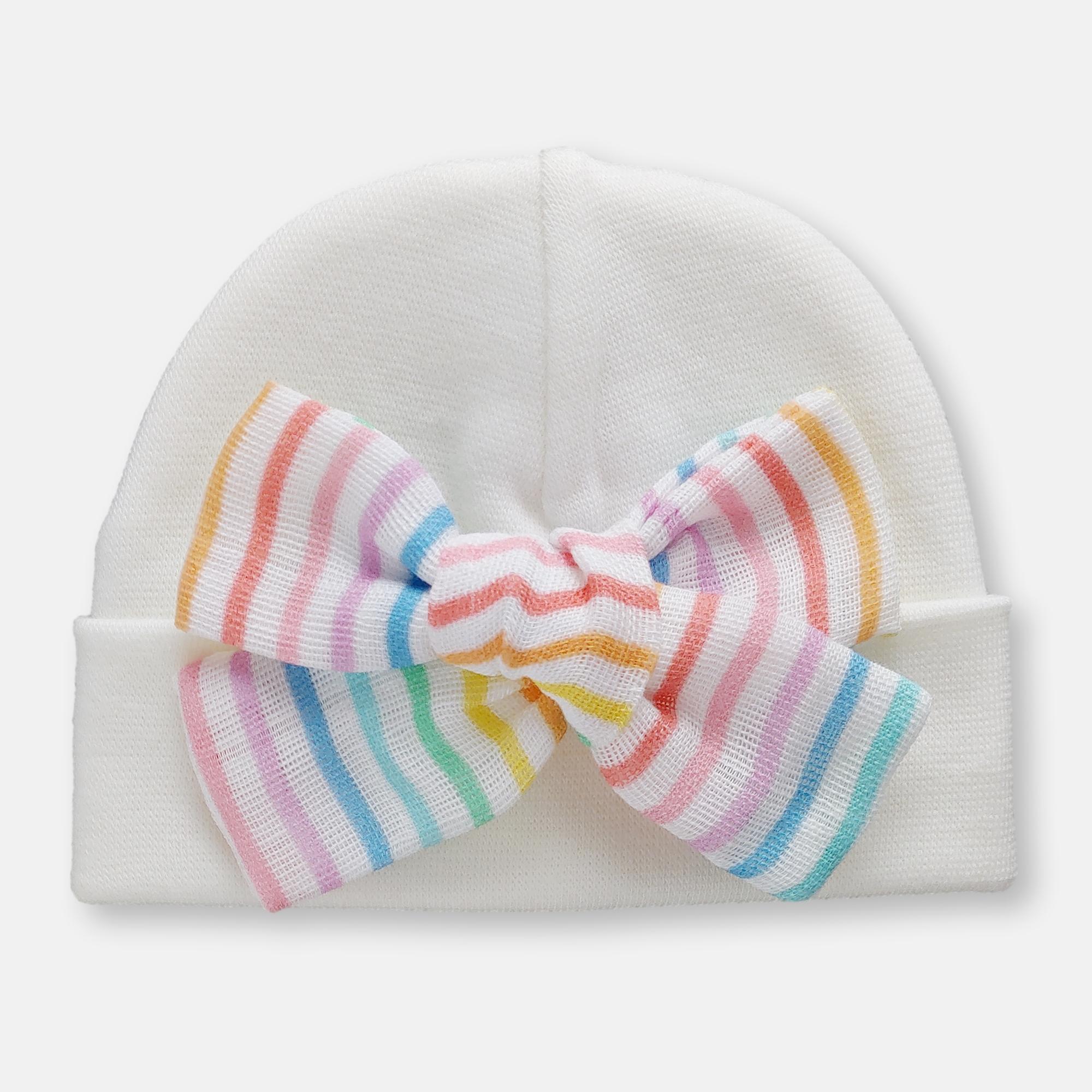 'Muslin Bow' Baby Hat // Rainbow Stripes