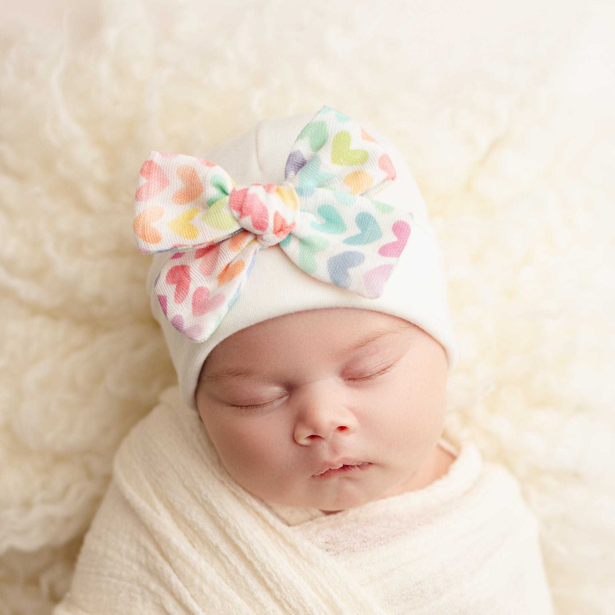 'Muslin Bow' Baby Hat // Rainbow Hearts