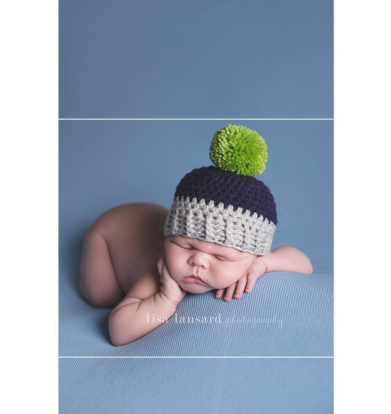 'Jaxon' Pom Pom Hat // Grey, Navy + Lime-Pom pom crochet hats-UniqueKidz