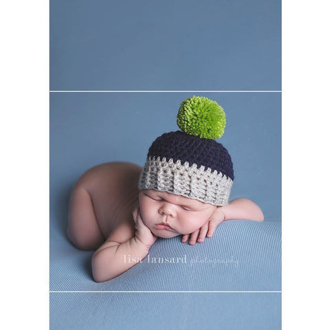 'Jaxon' Pom Pom Baby Hat // Grey, Navy + Lime