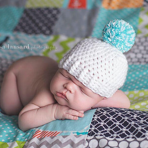 'Jaxon' Pom Pom Baby Hat // White + Turquoise